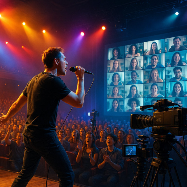 Singer at hybrid concert with live audience and livestream cameras