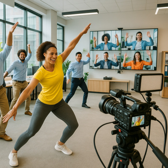 Hybrid dance class with in-person and remote participants