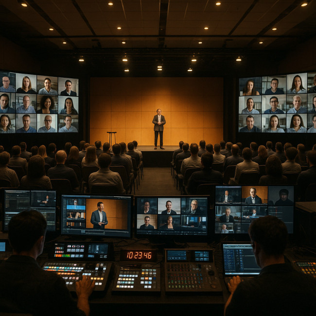 Control room coordinating live and remote audiences