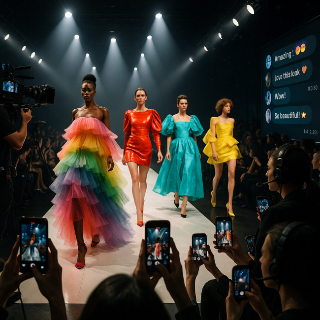 Designer hybrid fashion showcase livestream scene