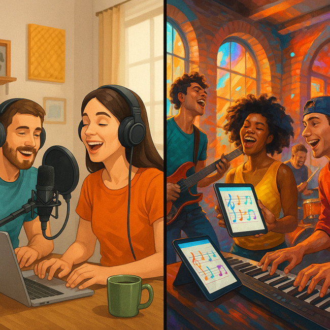 Artists collaborating online and in-studio during hybrid improv session