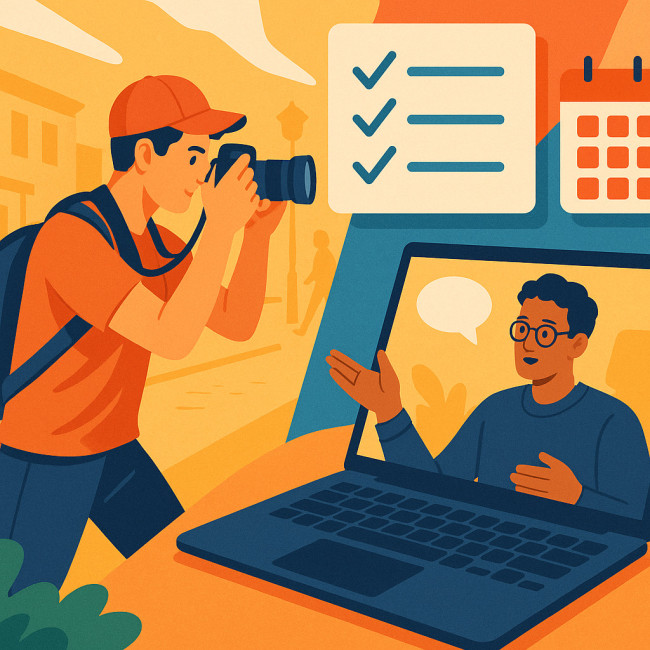 Photographer using a hybrid learning approach with mentor call and street shooting