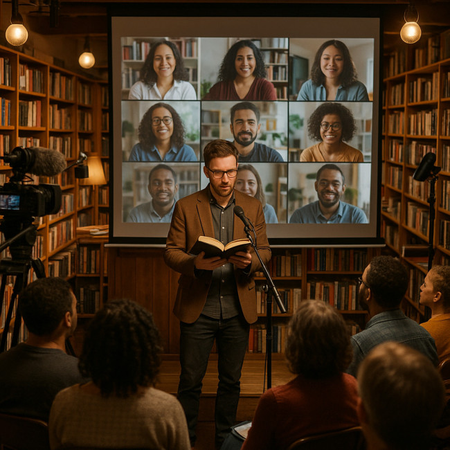 Author reading to live audience and remote viewers during hybrid literary event