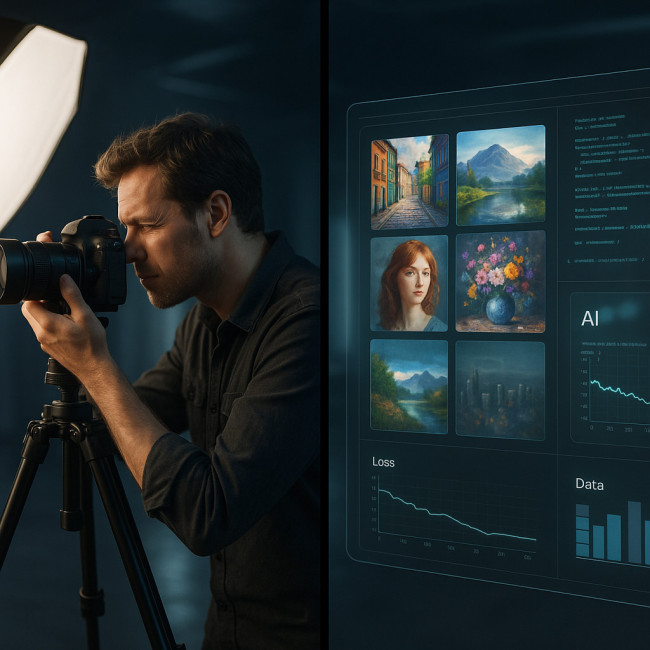 Hybrid photographer working with a camera and holographic AI interface