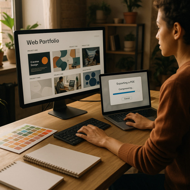 Designer managing web and PDF portfolios