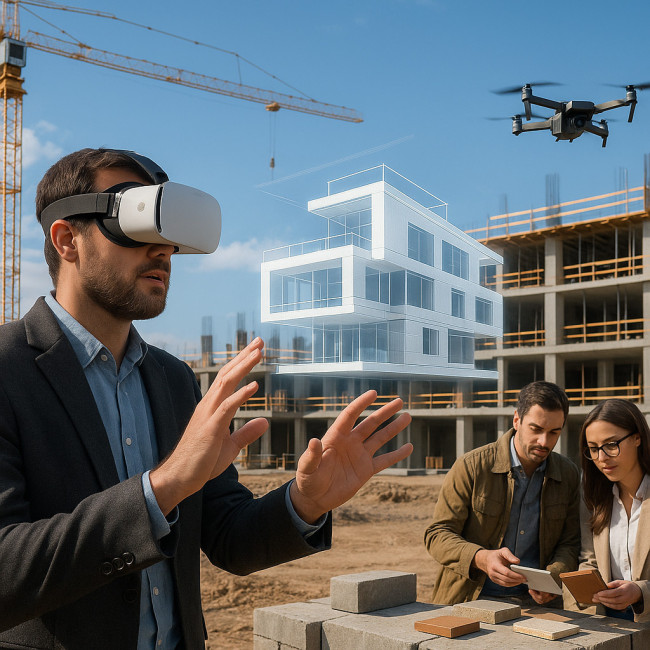 architect using vr with drone and clients onsite