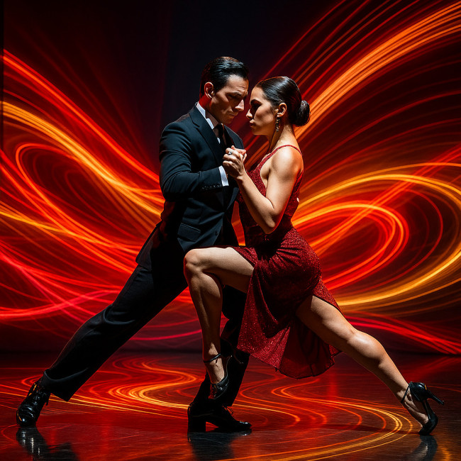 Tango duo dancing amid vivid projections