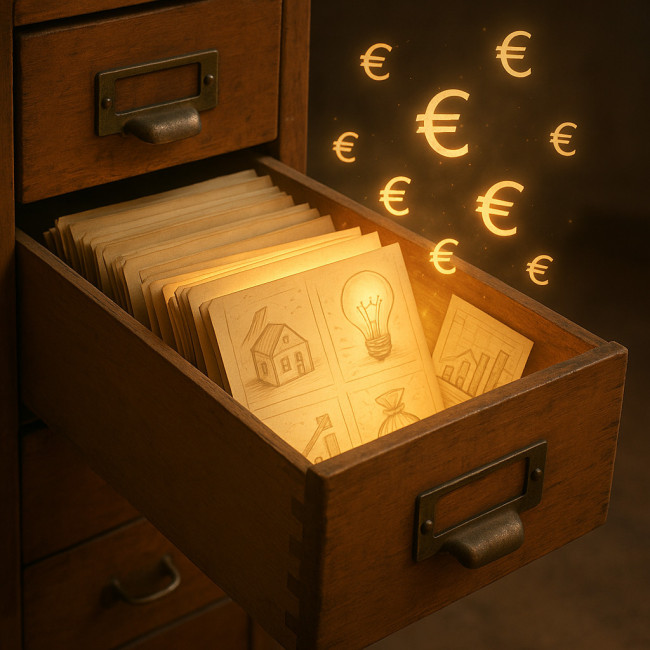 vintage drawer of glowing sketches representing hidden income
