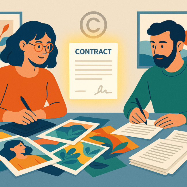 Illustrator and writer sealing IP contract with shared work