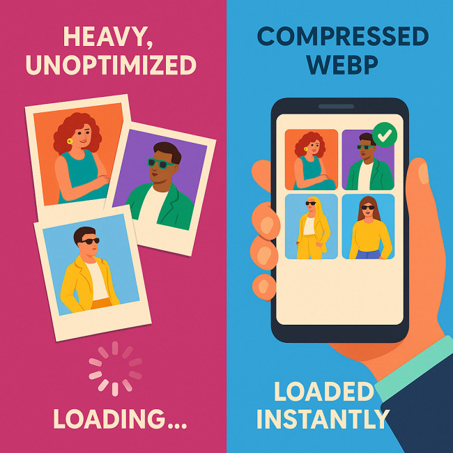 Infographic comparing slow versus fast image load in a fashion portfolio