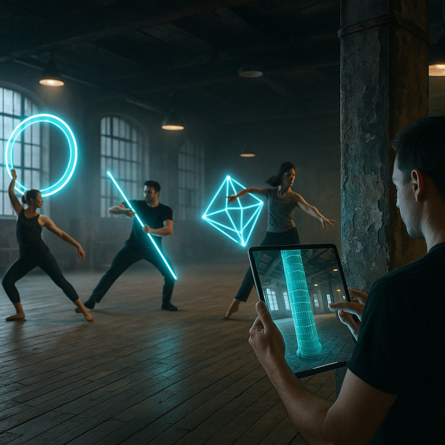 Dancers interact with AR props in warehouse rehearsal