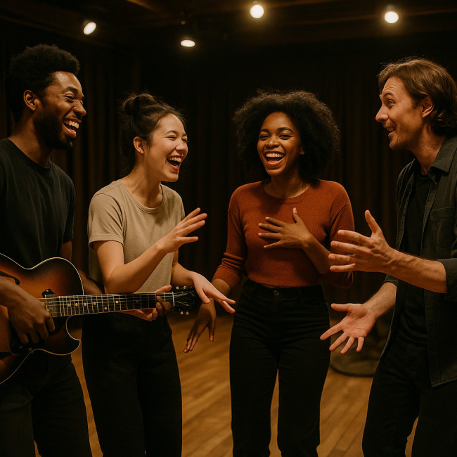 Musicians and actors improvise in a rehearsal circle