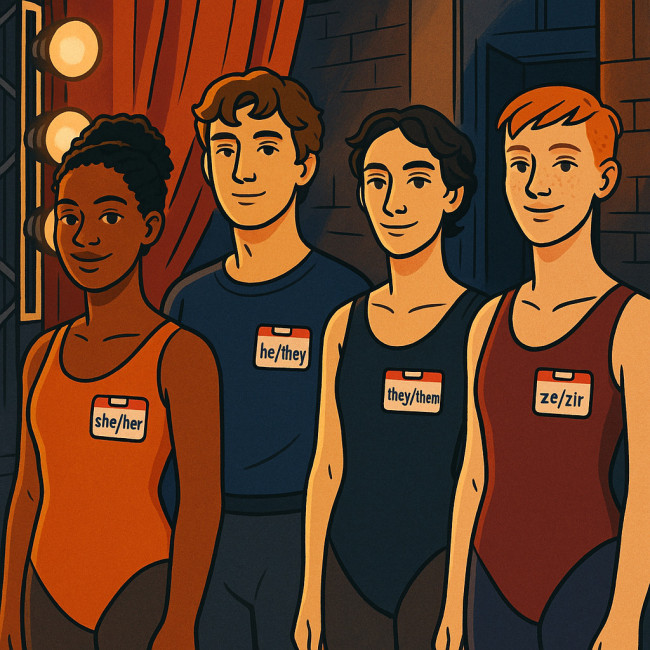 Illustration of diverse dancers with pronoun name tags backstage