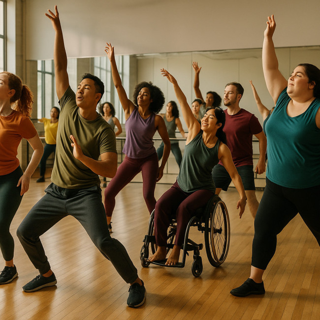 Diverse dancers practicing in an accessible studio