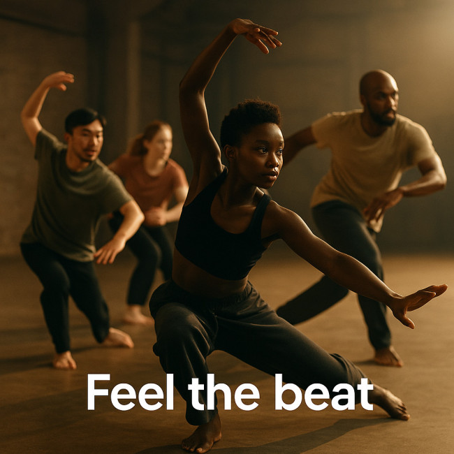 Contemporary dancers rehearsing with on-screen captions