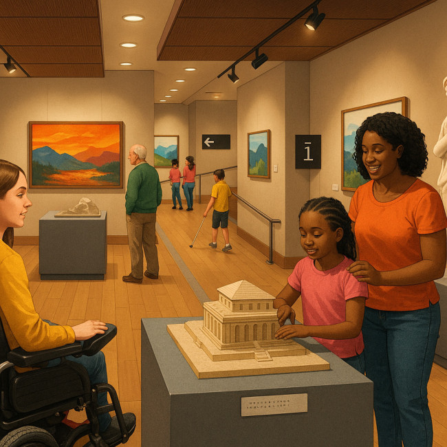Accessible museum gallery with diverse visitors