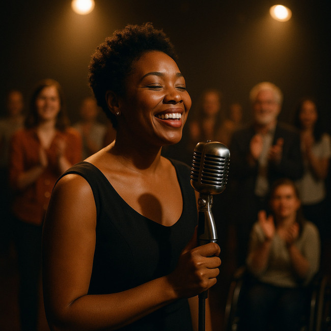 Jazz singer on stage with diverse cheering audience