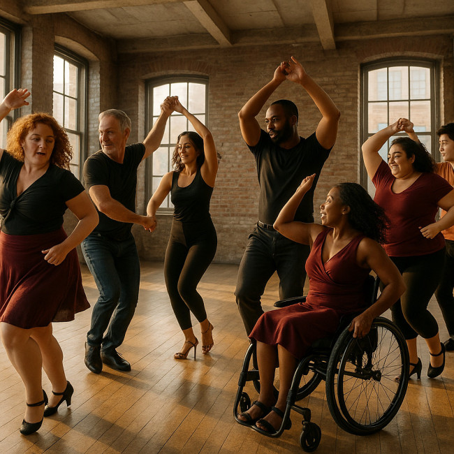 Inclusive group of diverse Latin dancers performing together