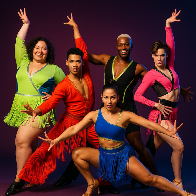 diverse salsa dancers in inclusive costumes