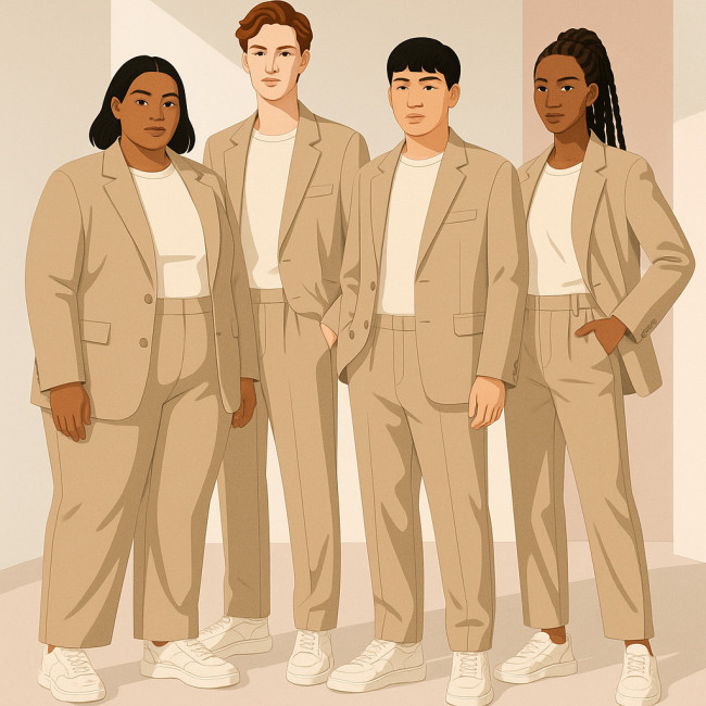 Illustration of diverse body sizes wearing matching outfits