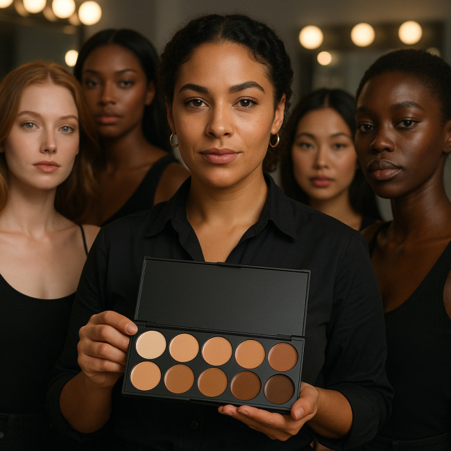 Makeup artist presenting inclusive foundation palette to diverse models