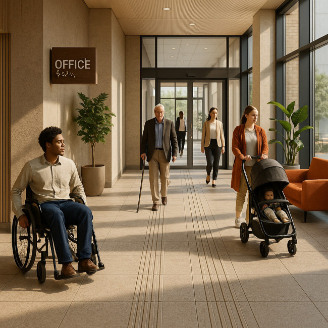 Photorealistic inclusive office lobby with diverse users