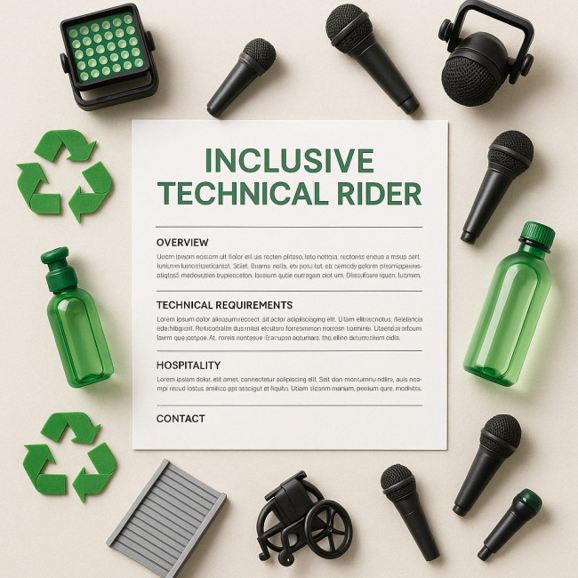 Flat lay of an inclusive technical rider with eco gear and accessibility items