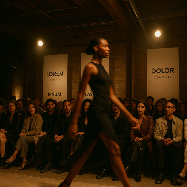 model on catwalk with local sponsor banners