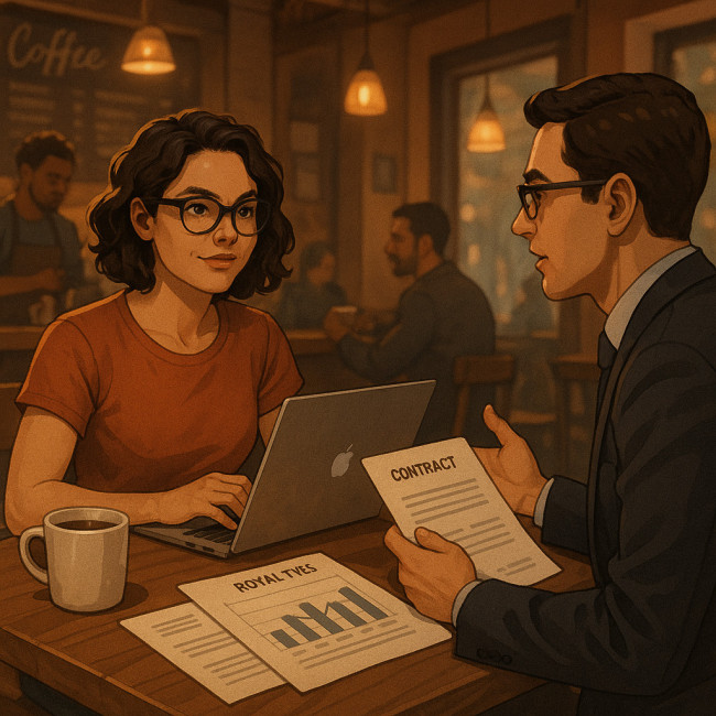 indie author negotiating contract in cafe