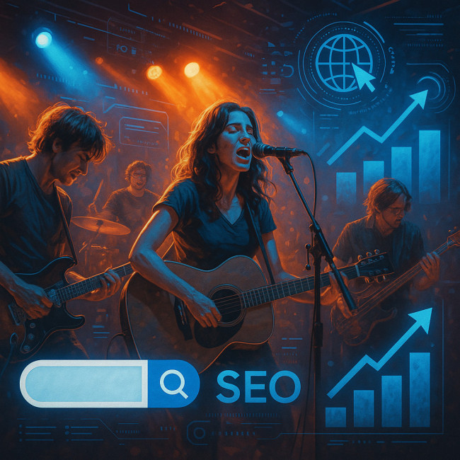 Indie band with SEO icons in vibrant illustration