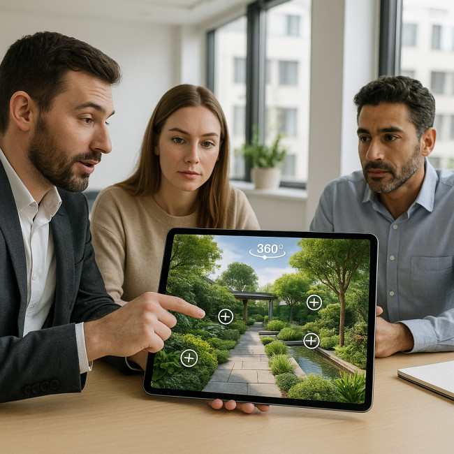 Clients viewing 360° landscape tour on tablet