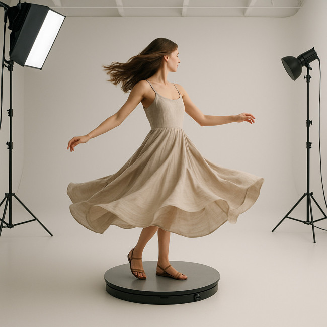 model spinning on studio turntable for video loop
