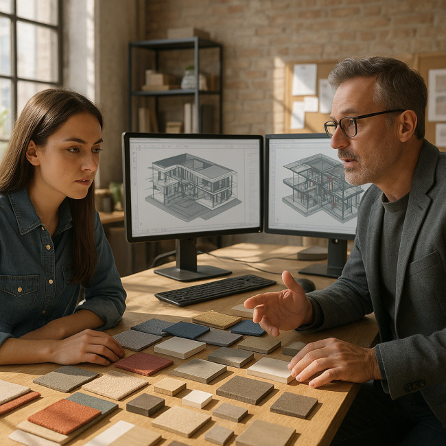 young interior architect learning from mentor in modern studio