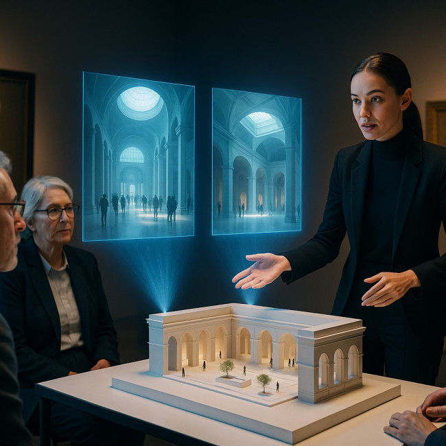 interior architect presenting spatial concept to museum curators