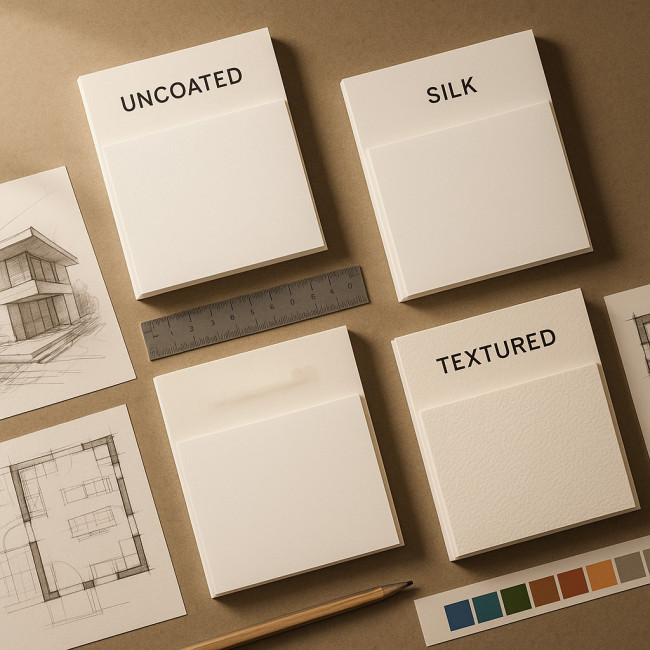Interior architect comparing textured paper swatches