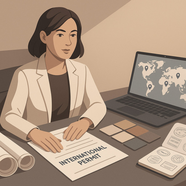 Interior decorator examining international permits and blueprints
