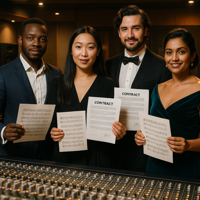 Singers from several countries review contracts in a studio.