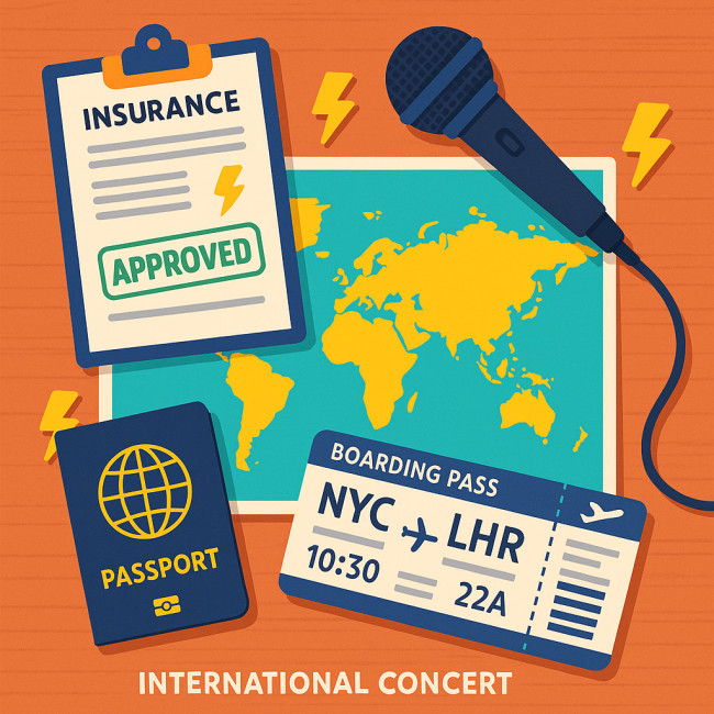 Illustration of insurance documents for an international singer event