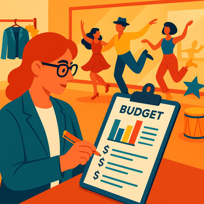 Illustration of planner holding a jazz dance ensemble budget sheet