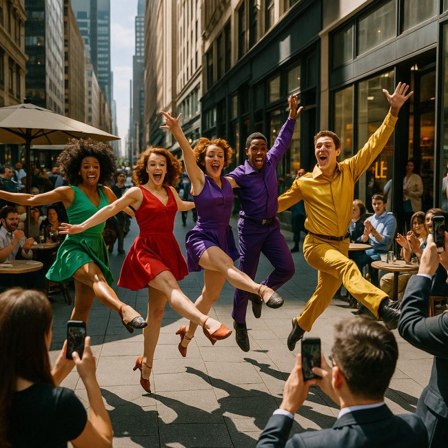 Jazz dancers performing on a busy sidewalk attracting a crowd