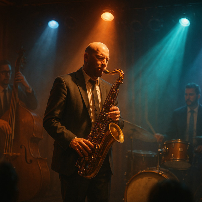 Jazz saxophonist bathed in synchronized colored lights on stage