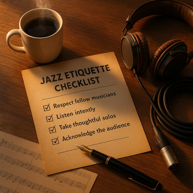 Jazz session etiquette checklist on a studio desk