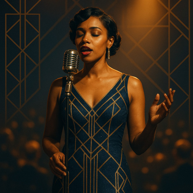 female jazz singer performing on stage with art-deco branding