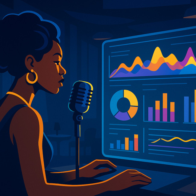 Illustration of jazz singer reviewing booking analytics