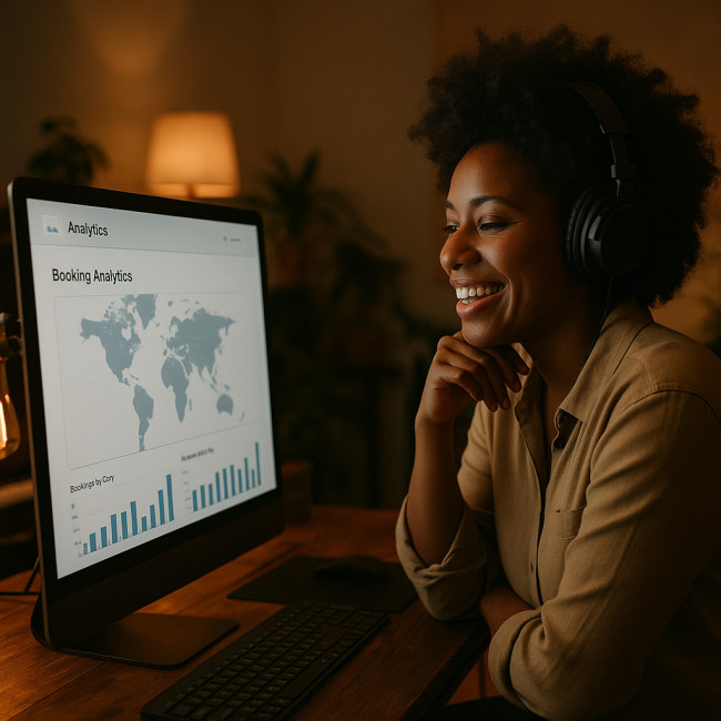 Jazz singer reviewing local booking analytics on a laptop
