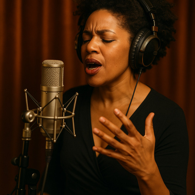 Jazz singer recording an improvisation reel