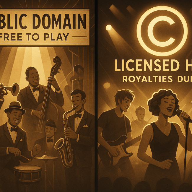 Art-deco split poster showing public-domain jazz band and licensed hit band