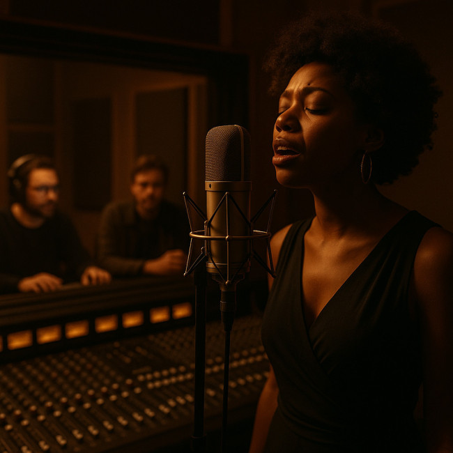 Jazz vocalist recording with producer and engineer