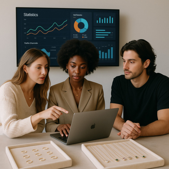 Micro influencers and jeweller analysing campaign metrics