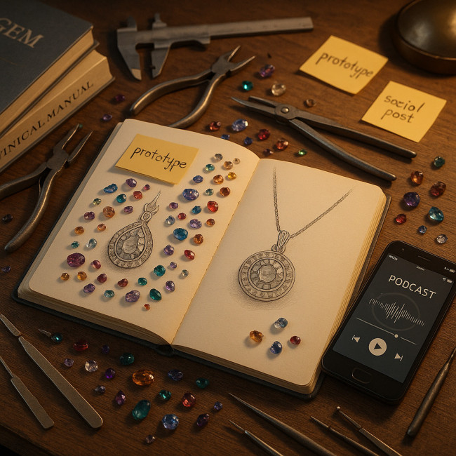 Jewellery designer's crowded workbench symbolising information overload